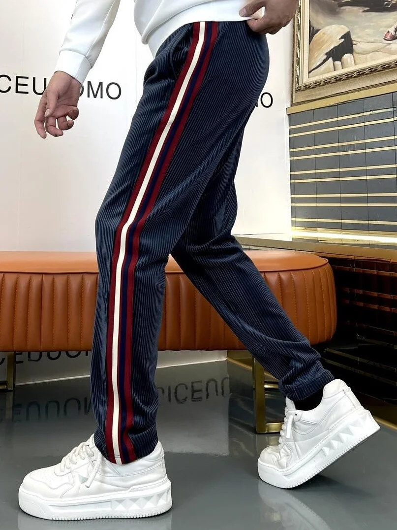 

Мужские повседневные брюки из вельвета свободного кроя с полосатыми вставками на поясе, прямые штанины, модный городской стиль, весна 2026