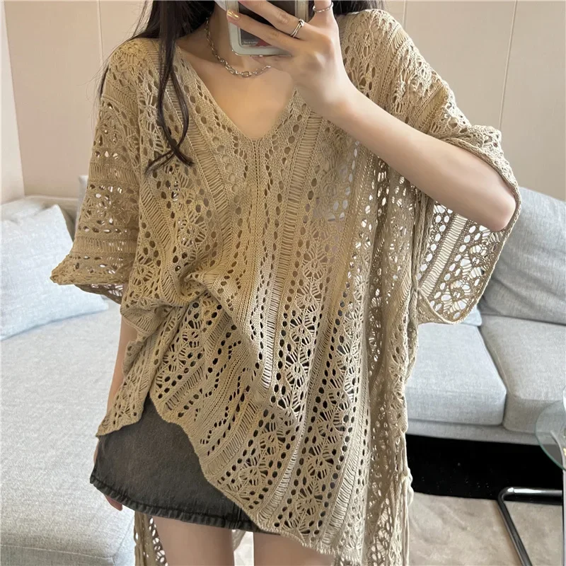 New 2024 Summer Sun Protection Knitted Shirts Women Loose Women\'s Blouse Short Sleeve Woman Long Tops Hollowed Out Clothes 26910