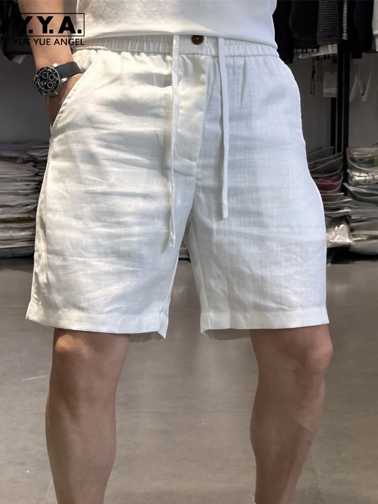 Retro Leisure Male Button Elastic Waist Loose Pockets Shorts Breathable Solid Color Men Versatile Straight Short Trousers