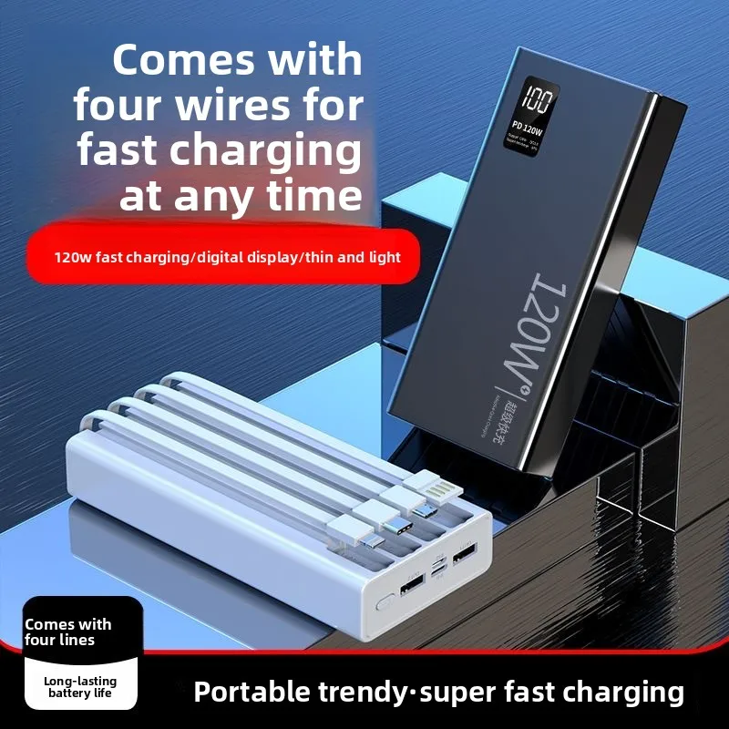 High-Performance New 50000mAh 120W Powerbank for Xiaomi IPhone Samsung Super Fast Charging PowerBank 4-in-1 with Built-in Cables