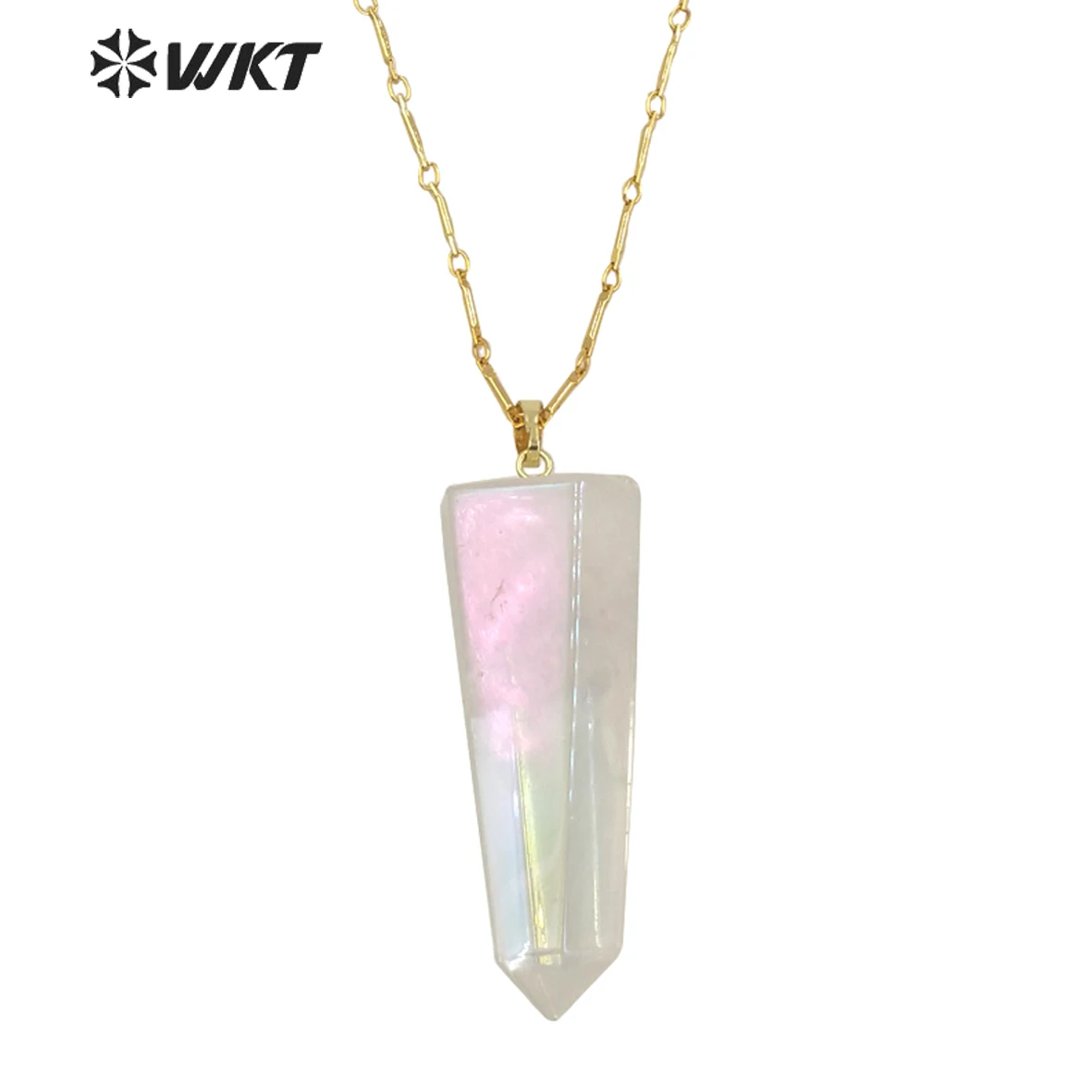 WT-N1390 Amazing Healing Aura Crystal Quartz Point Necklace Simple Hoop Angel Color Stone Hexagona In Gold Decoration