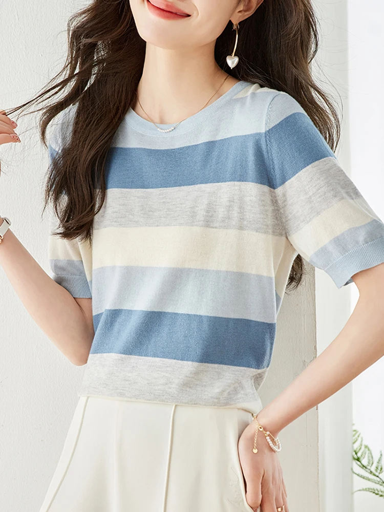 Striped T-shirt for Women 2024 Summer Basic White O-neck Short Sleeve Top Women\'s Knitted T-Shirt Office Knitwear Tee