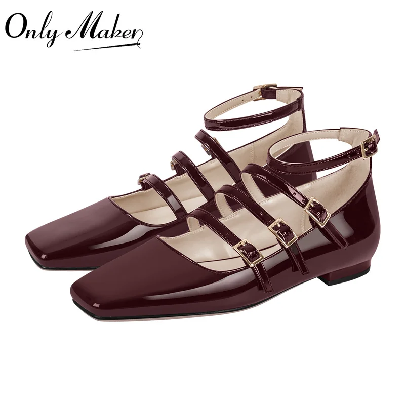 

Onlymake Women Flats Square Toe Mary Jane Strap Retro Elegant Plus Size Daily Patent Leather Flats Pumps