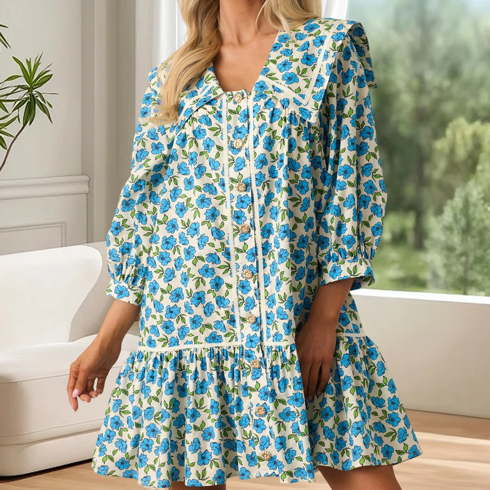 Damska Jesienna Sukienka Boho w Kwiaty Krótka Bufiaste Rękawy Zwiewna Sukienka Babydoll Dekolt V Sukienki Koszulowe z Marszczeniem Sukienka Mini w Stylu Bohemy