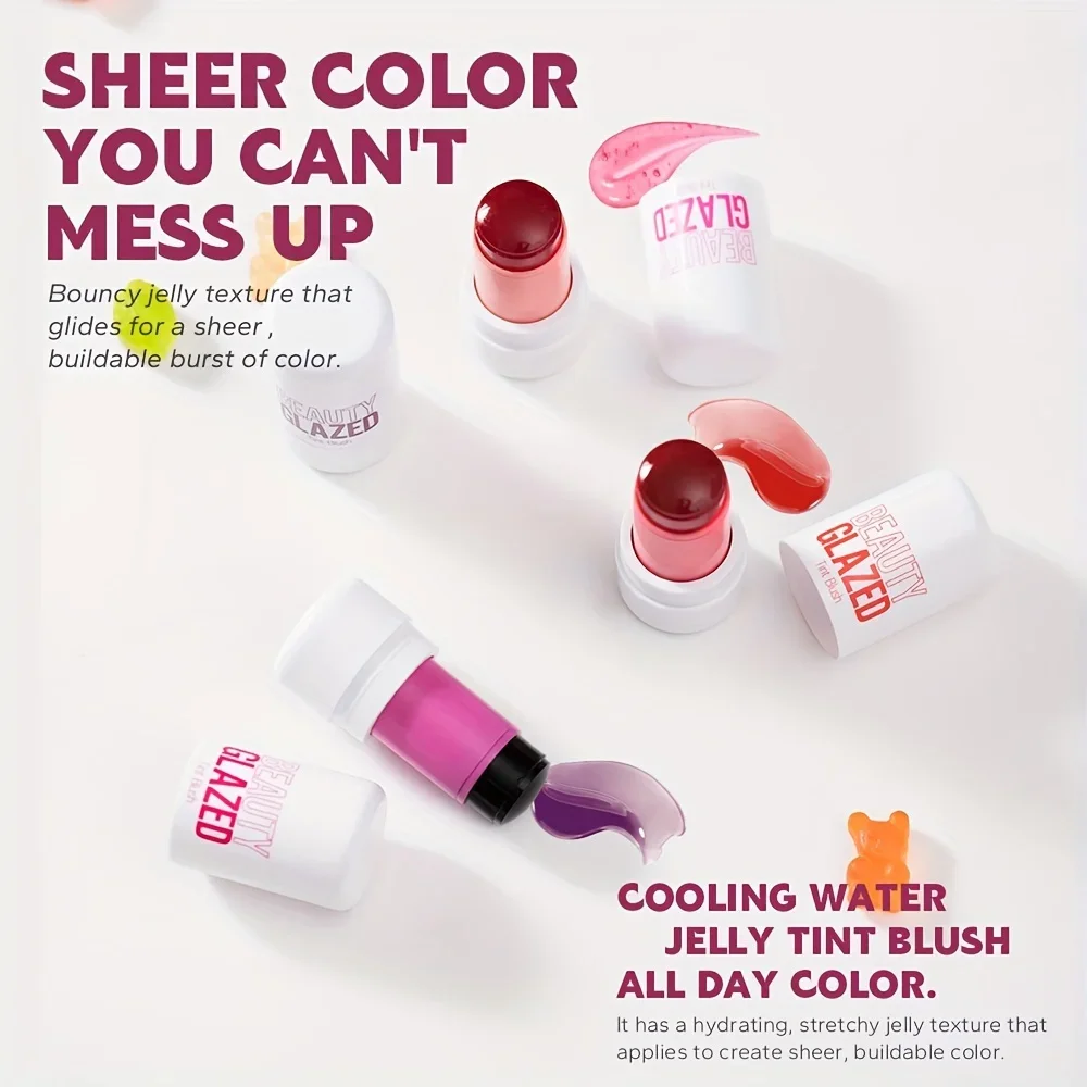 뷰티 글레이즈 보습 젤리 블러쉬, 바르기 쉬움, 오래 지속되는 방수, 다기능 메이크업 블러쉬 스틱, 3 in 1, 4 색