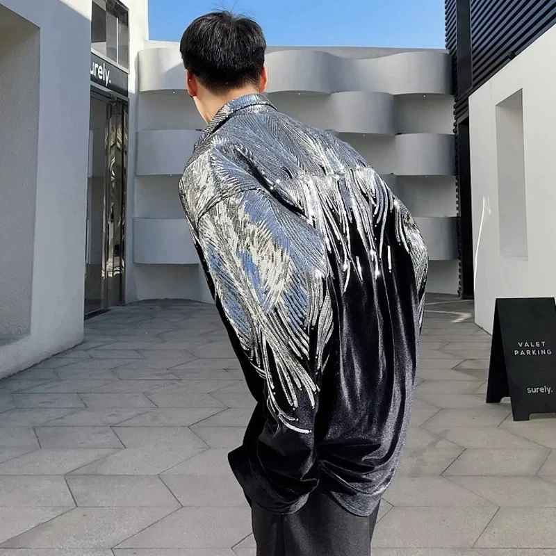 LUZHEN Sleeve Design Fashion Long Sequin Shirts Splicing 2025 Tops Flannel Niche Men's Elegant Light Luxury Prom Clothes LZ8957