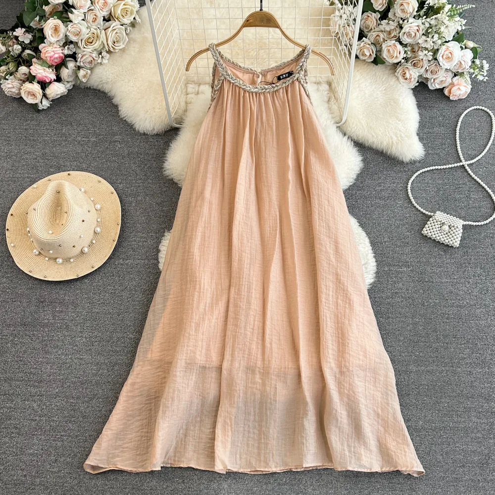 Hanging Neck Style One-Piece Dress Off Shoulder Loose Solid Women 2023 New Arrive Summer Sleeveless Skirt ladies Casual clothes