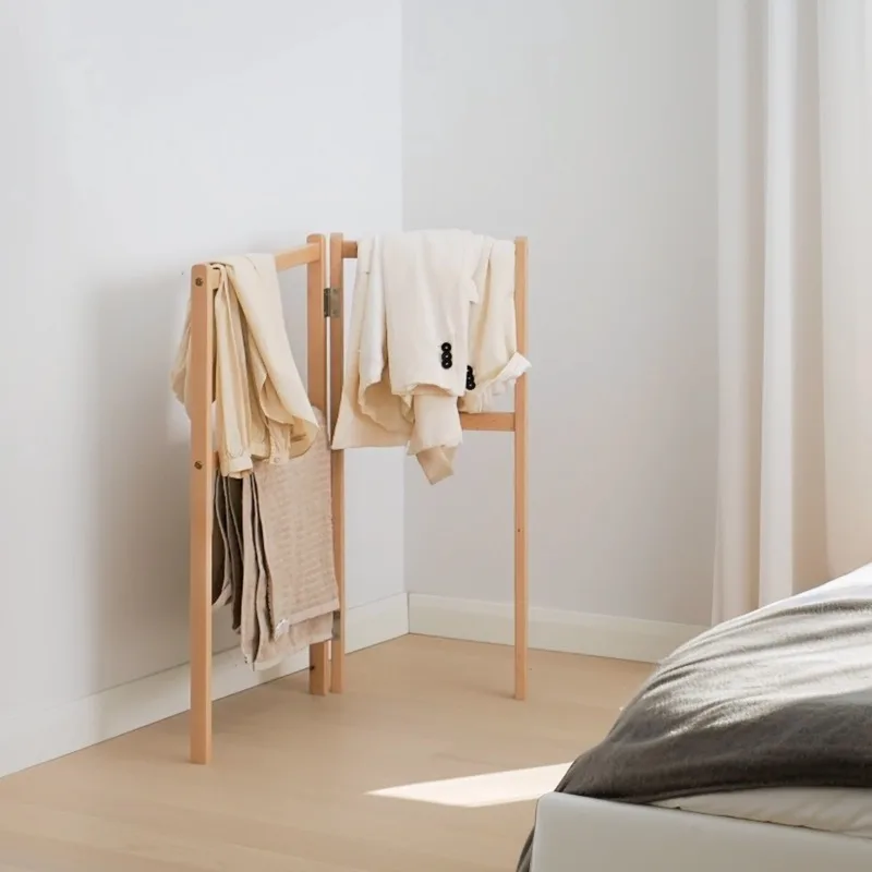 

Minimalist Solid Wood Folding Floor Clothes Rack End of Bed Coat Stand Space Saving Storage Organizer Natural Wooden Towel Rack