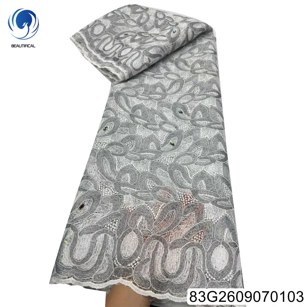 2026 New Style Dignified and Elegant Grey Design, Embroidered Pure African Lace Nigerian Ladies' Banquet Dress 83G26090701
