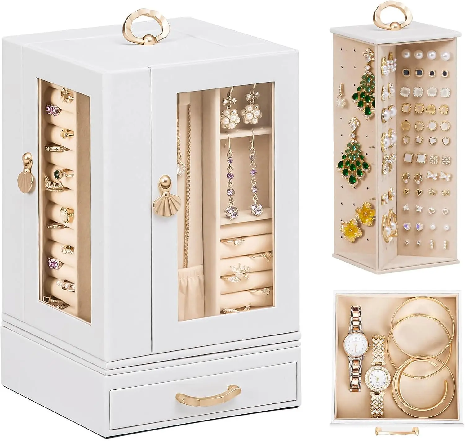 

Большая шкатулка для украшений на туалетный столик: органайзер для хранения женских ожерелий и колец с отделениями - элегантная подставка для серег (белая)