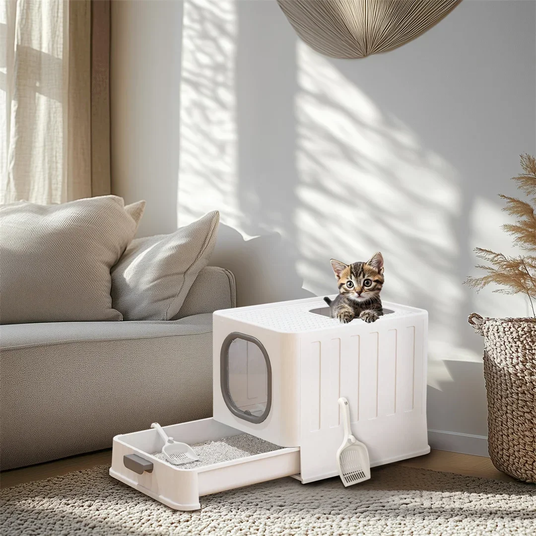 BingoPaw Cat  Tray Box: Foldable Top Entry Extra Large Cats Toilet with Lid Kitten Litter Tray Easy Cleaning Drawer Design