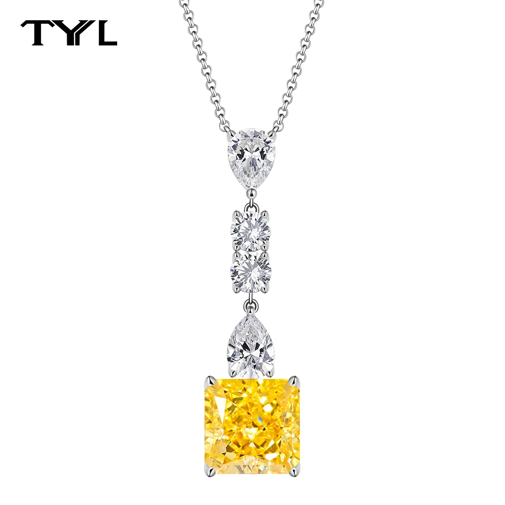 

TYYL Luxury Real 925 Silver Necklace Topaz High Carbon Diamond Pendant Women Emerald Cut Wedding Party Engagement Jewelry Gifts