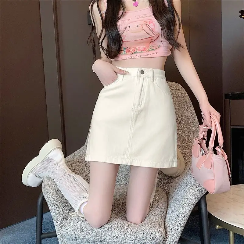 

​ Новая летняя джинсовая мини-юбка в стиле преппи с высокой талией, А-силуэт, облегающая, универсальная, скрывающая недостатки фигуры ​