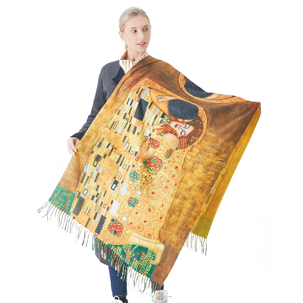 

New Winter Cashmere Scarf Women Digital Printing Pashmina Shawl Wraps World Renowned Oil Painting Bandana Femme Foulard Tassels
