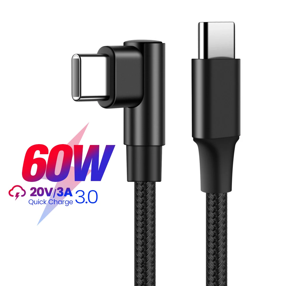 

PD 60W USB Type C To USB C Cable 90 Degree Angle Fast Charging Type-C Data Cord For iPad MacBook Pro Xiaomi Samsung Huawei