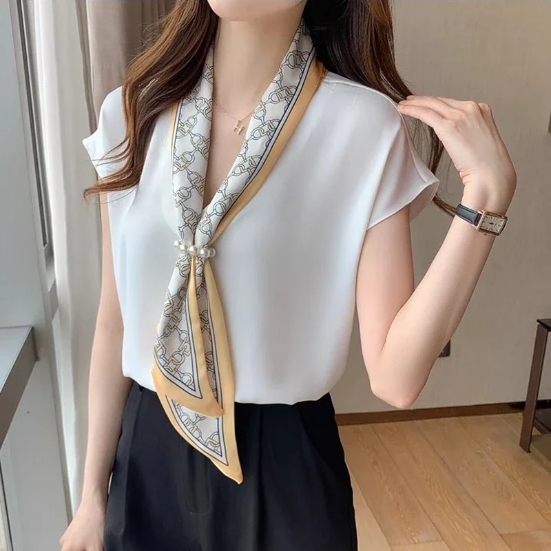 Summer Blusas Women 2024 Simple Office Lady Chiffon Blouse Female Shirt Lace-Up Tops Casual Korean OL Style Loose Pink Blouses