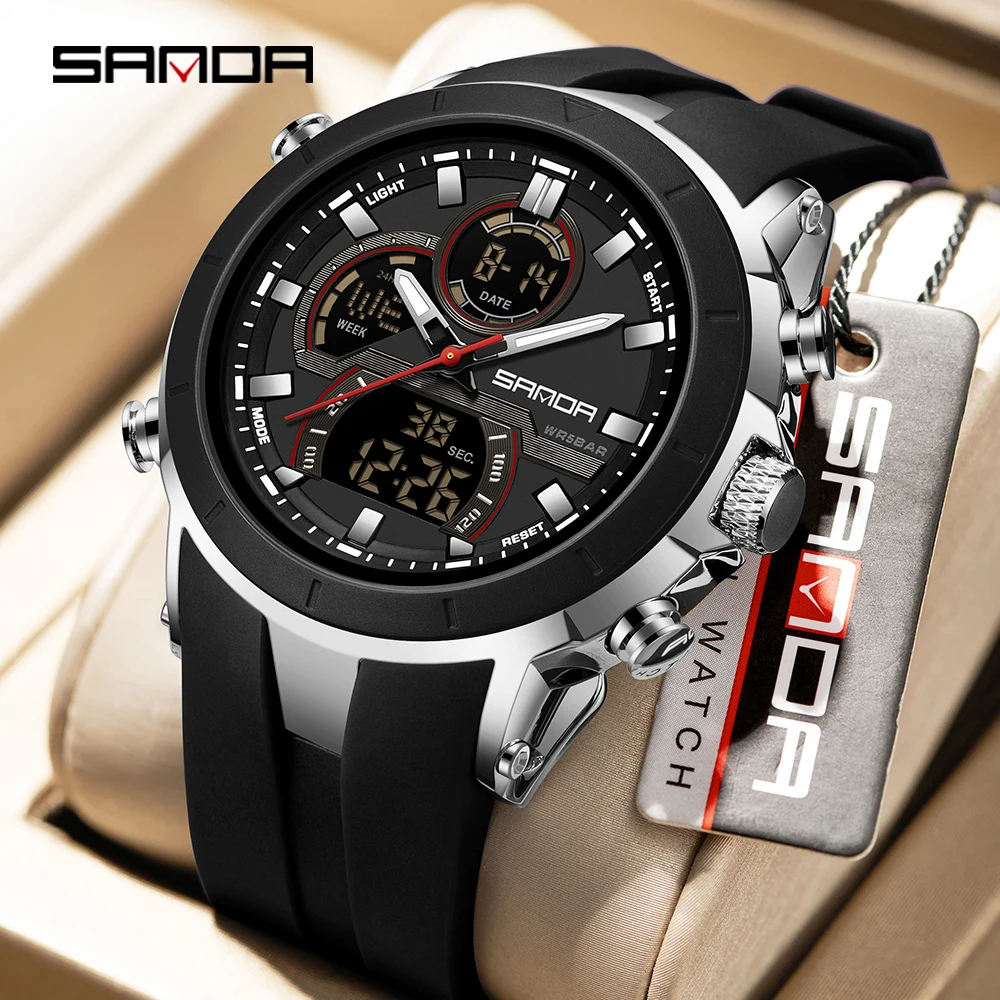 SANDA 6279 Electronic Quartz Watches for Man Dual Display Large Dial Calendar Luminous Waterproof Outdoor Sports Digital Watch