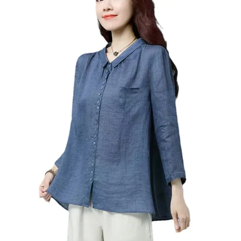 Spring Autumn Vintage Cotton Linen Cardigan Shirt Ladies Elegant Long Sleeve Buttons Top Women Comfortable Loose Casual Blouse