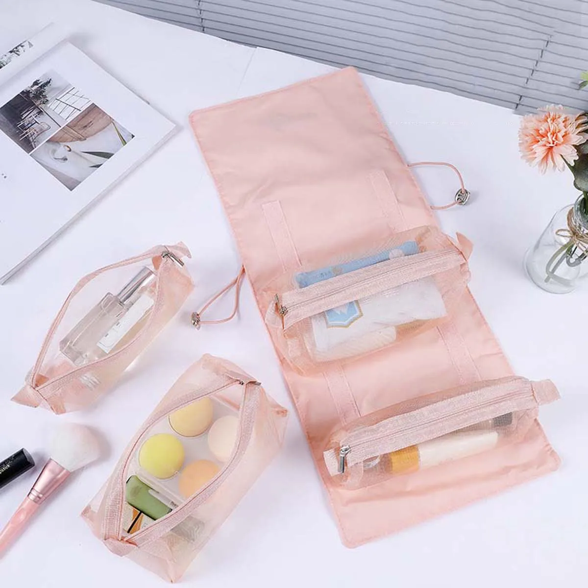 Portable Hanging Makeup Roll Bag Mesh Make Up Bag Toiletry Makeup Brushes Storage 4 in 1 Multifunctional Removable Makeup Bag,