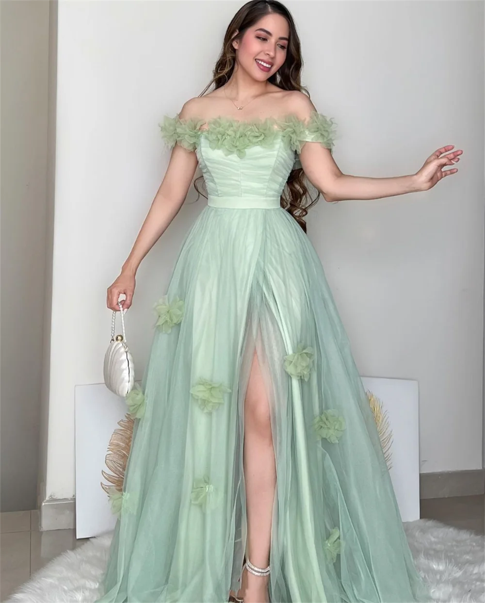 Jessica Light Green Prom Dresses Sweet Handmade Flowers Evening Dresses  Wedding Dress Formal Party Dresses Vestidos De Noche