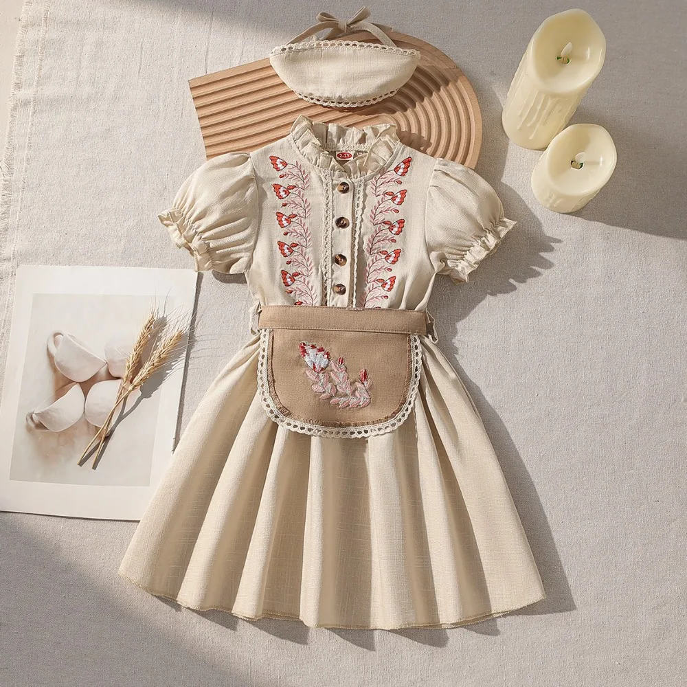 

2026 Spring Summer New Girls Embroidered Dress with Headscarf Pastoral Style Fashion Kids Dress for Spring Autumn