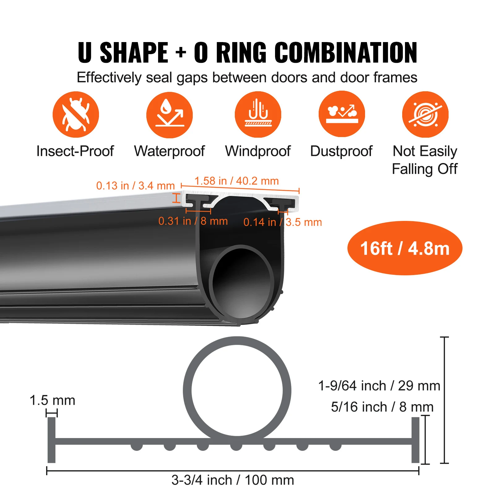 Garage Door Seals Bottom Rubber, 5/16 inch T-ends and 3 3/4 inch Width (16 Ft, U Shape +O Ring Combination Garage Door Weather Stripping with Pre-drilled Aluminum Track Retainer Kit, Black)