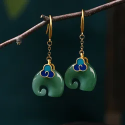Trendy Luxury Exquisite Golden Imitation Jade Elephant Earrings For Women Enamel Blue Cloud Women's Earrings Traditional Jewelry