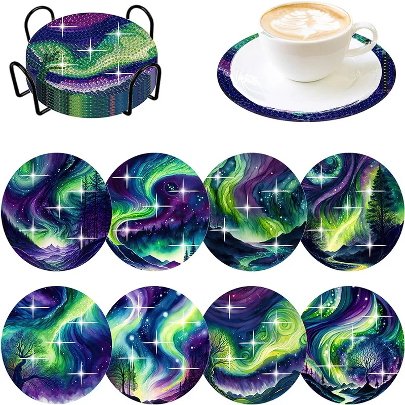 8PCS Full Shiny Drill Diamond Painting Cup Coaster Kit DIY Handicraft Household Table Art Decor Accessories