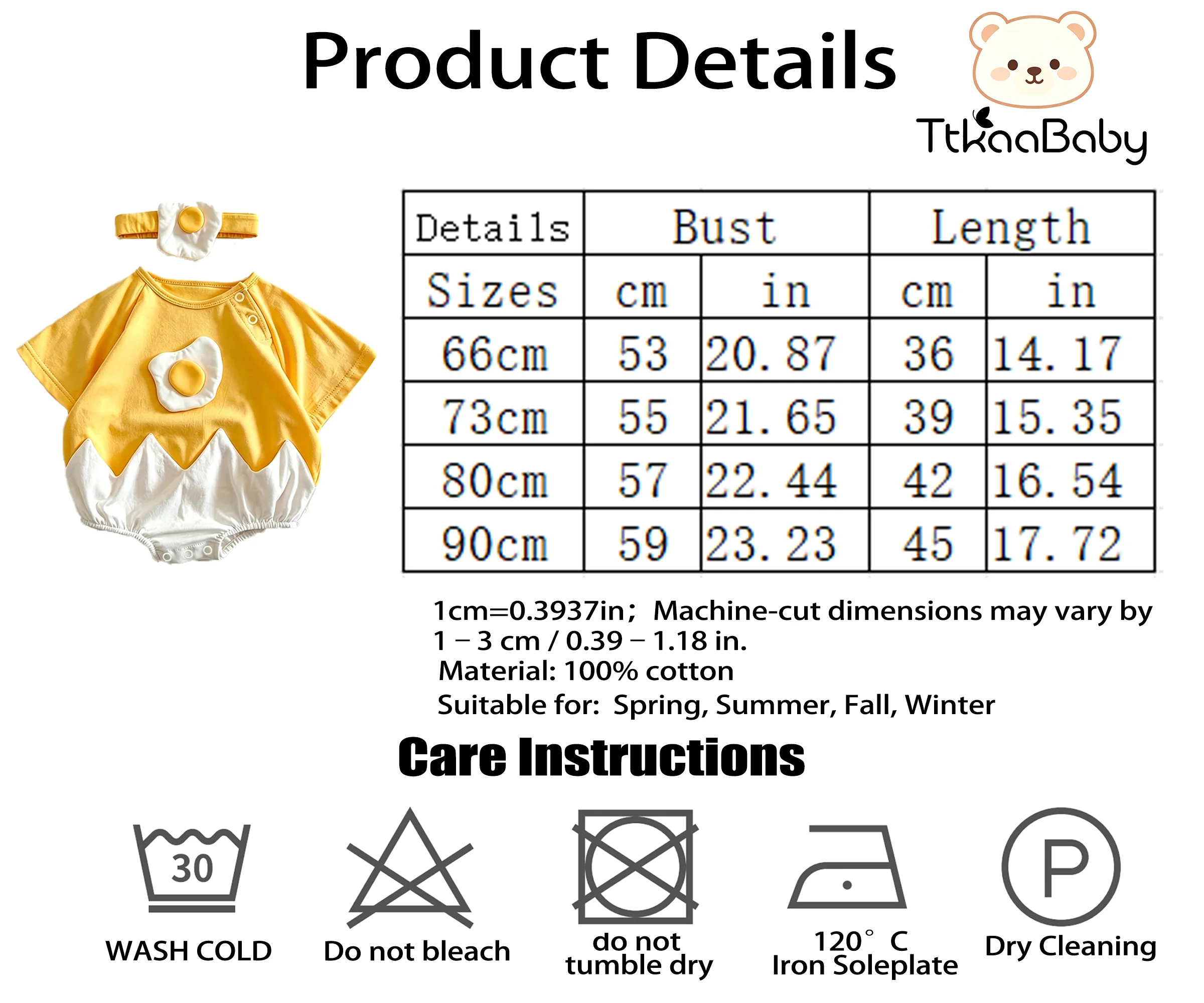 Baby-Strampler mit dreieckigem Schnitt und Fried-Egg-Motiv, passend dazu ein Haarband – ideal für Frühling/Sommer – für Babys von 0–12 Monaten – ein süßes Baby-Outfit für zu Hause. – Detail 1