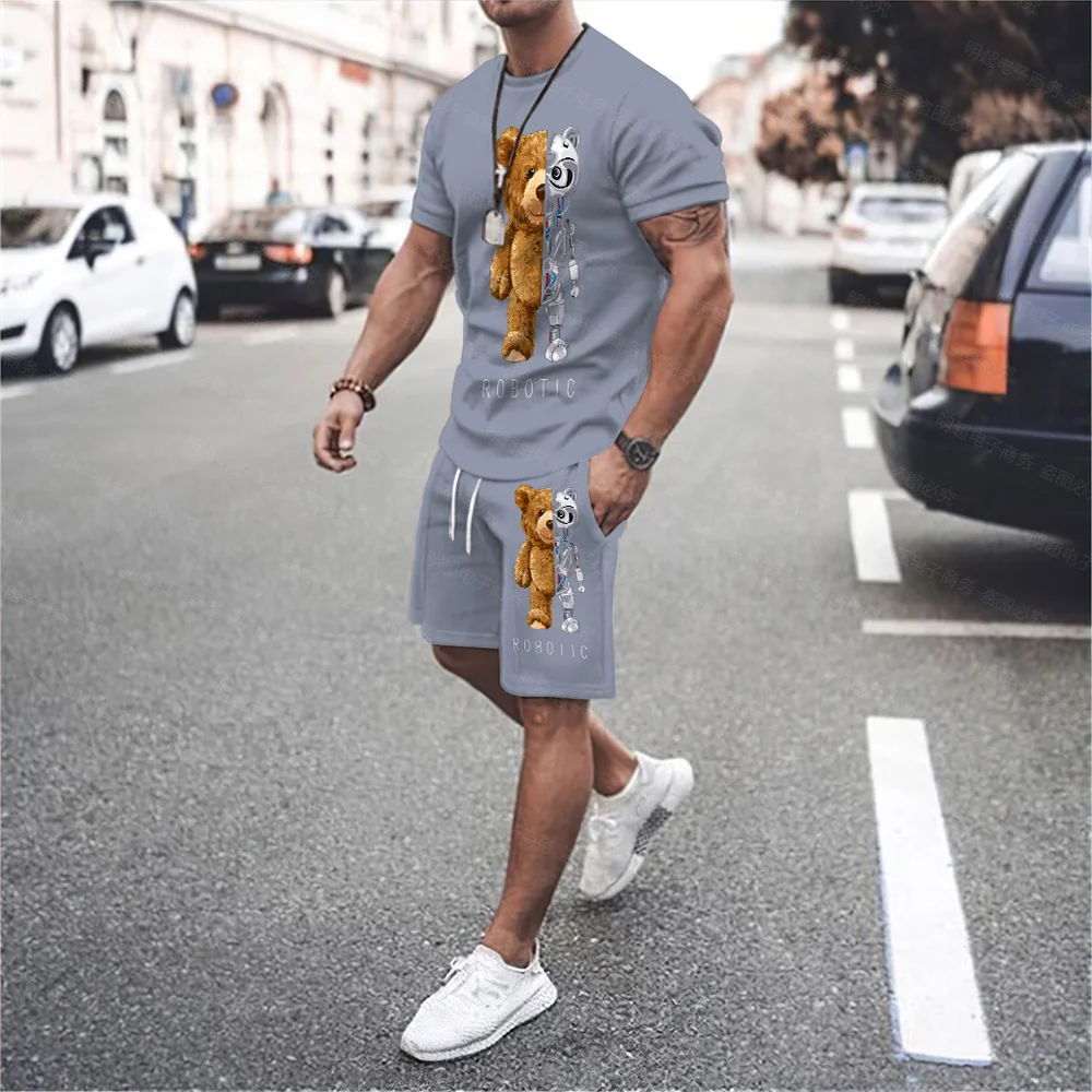 Cute Bear Men\'s O-Neck Casual T-Shirt Drawstring Shorts Sports All-Match Fitness Street Age-Reducing Style Plus Size Suit