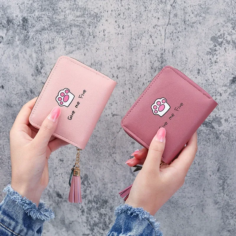 Cute Cartoon Cat Paw Print Women Zip Wallet Short Purse with Tassel Card Coin Holder for Girls Student