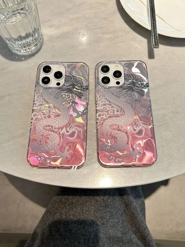 Pink Gradient Chinese Loong Pattern Phone Case For iPhone 17 16 15 14 13 12 11Pro Max XR XS MAX 78PLUS Air INS Shake Proof Cover