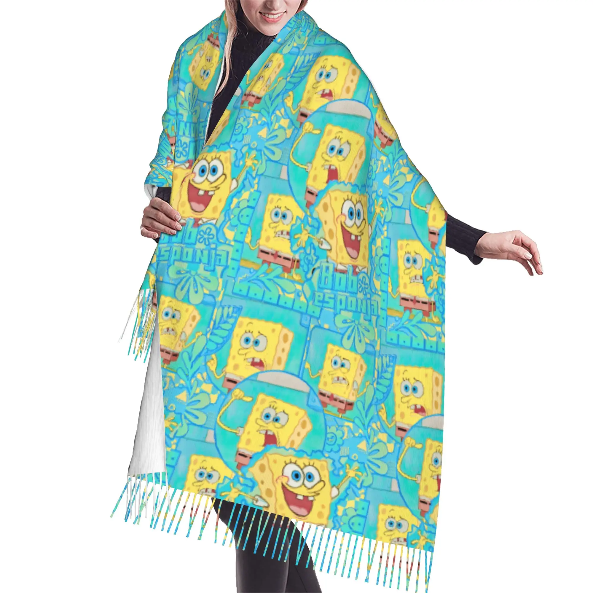 Custom S-Sponges Anime Bobes Scarf Wrap Women Long Winter Fall Warm Tassel Shawl Unisex Starfish Cartoon Scarves
