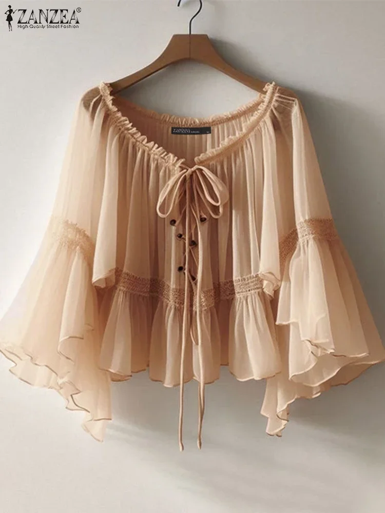 

ZANZEA Women Vintage Chiffon Blouse Casual Loose 3/4 Flare Sleeve Short Tops 2025 Summer Seethrough V-neck Pleating Blusas Femme
