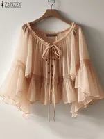 ZANZEA Women Vintage Chiffon Blouse Casual Loose 3/4 Flare Sleeve Short Tops 2025 Summer Seethrough V-neck Pleating Blusas Femme