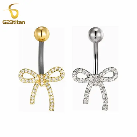 예쁜 마이크로 상감 지르콘 Bowknot 펜던트 골드 실버 컬러 배꼽 반지 6-16mm 14G 티타늄 바벨 배꼽 바 피어싱 쥬얼리
