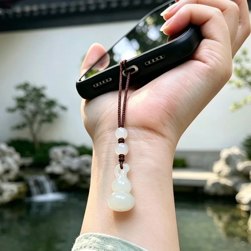 Hetian White Jade Gourd Pendant Chain, New National Style Mobile Phone Lanyard Decoration