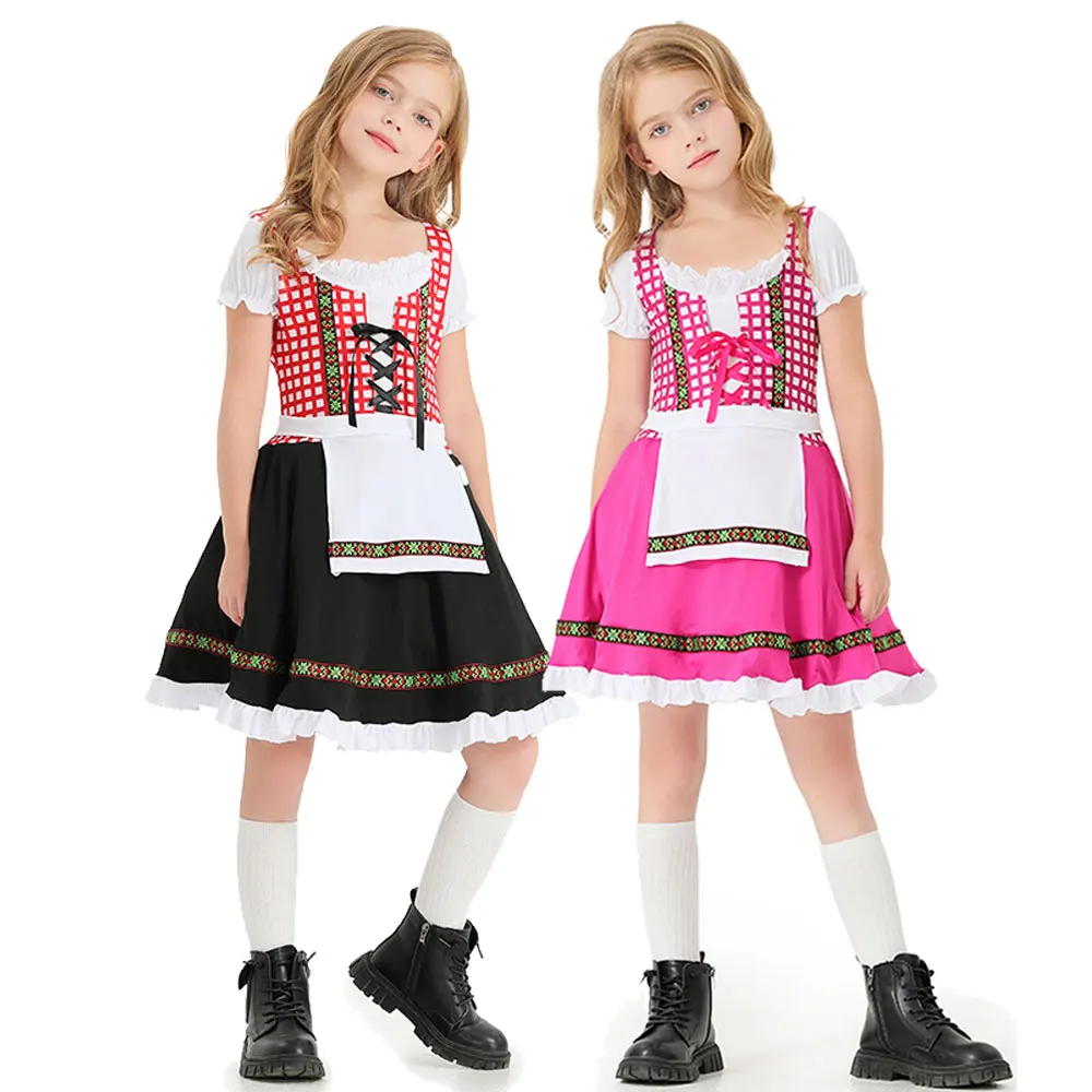 

Children German Oktoberfest Costume Girl Plaid Dirndl Dress Bavaria Traditional Beer Wench Maid Cosplay Kids National Costume