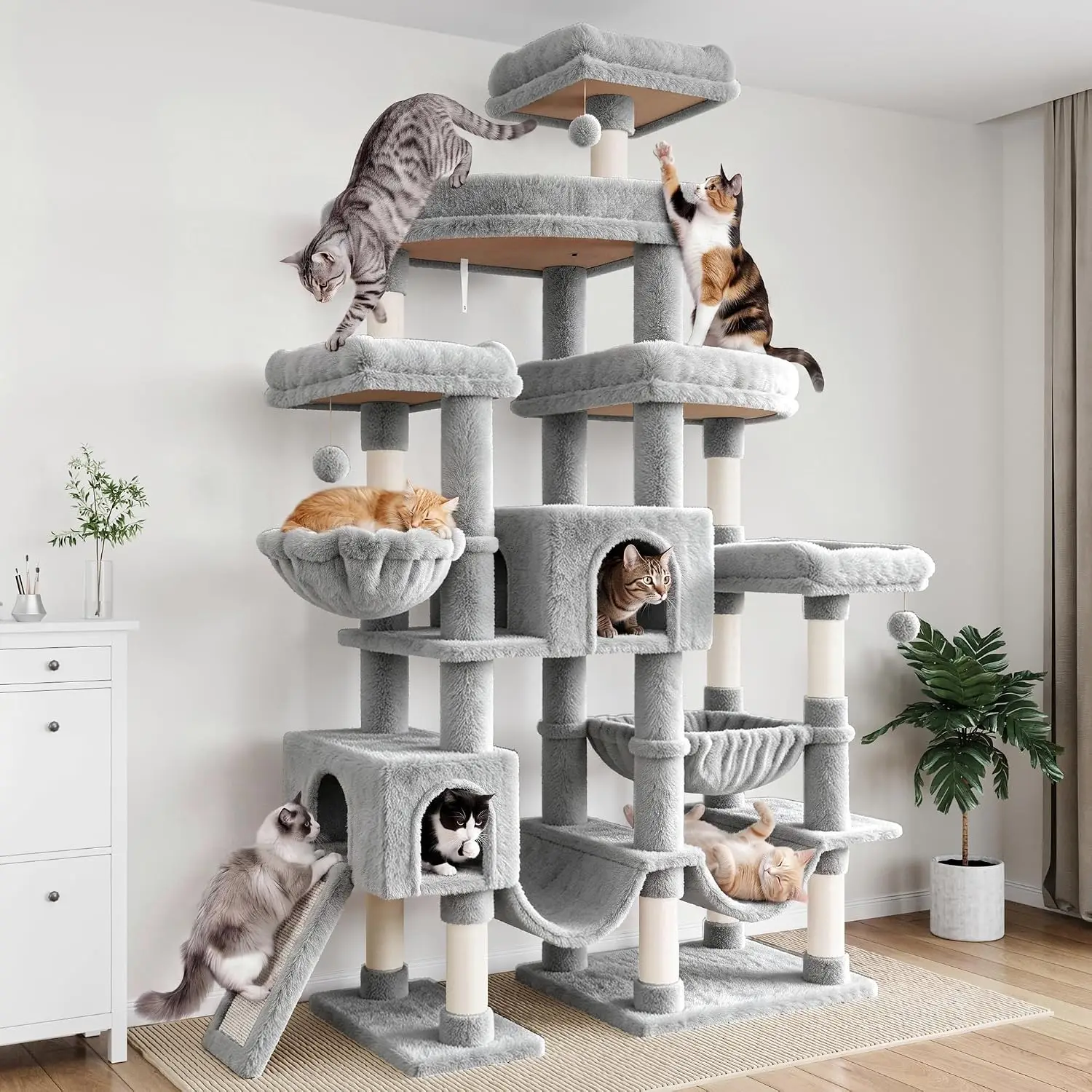 Heavy Duty Cat Tree for Adult Felines 20lbs+ with Giant Perches & Cozy Condos & Sisal Posts & Wide Base 83in Grey, Customized