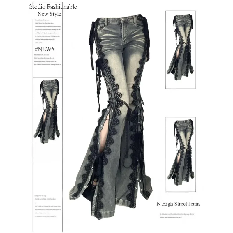 

Летние брюки с низкой посадкой и разрезом, женские расклешенные джинсы с люверсами на шнуровке, кружевные тонкие брюки-клеш в стиле ретро, уличная одежда