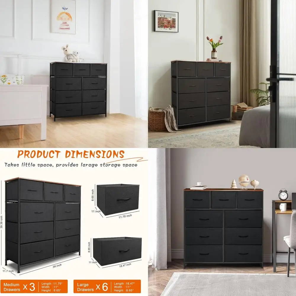 

9-Drawer Black Bedroom Dresser with Fabric Bins for Storage in Living Room and Entryway