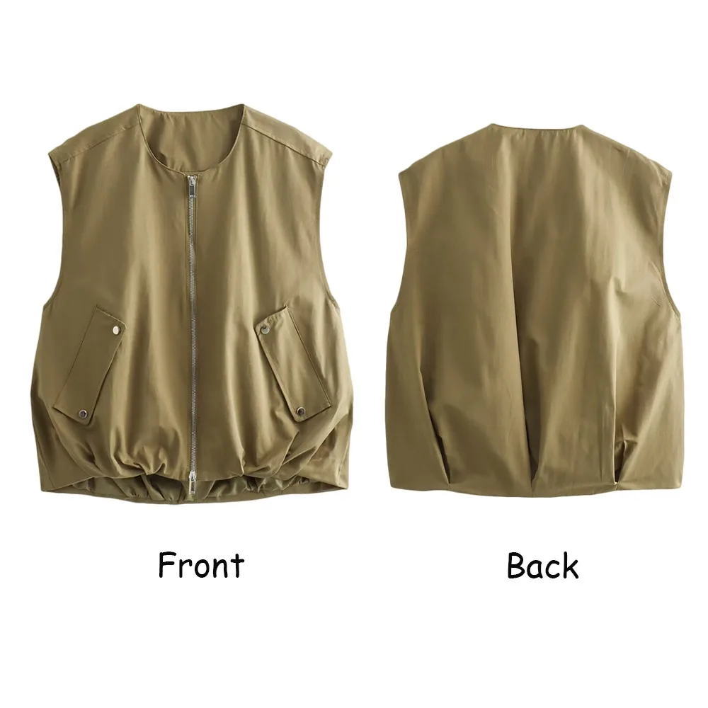 TRAF ZR Fashion New Woman Interior Lining Vest Casual Female Front Zipper Fly Outwear Back Pleats Tank Top Front Flap Pockets