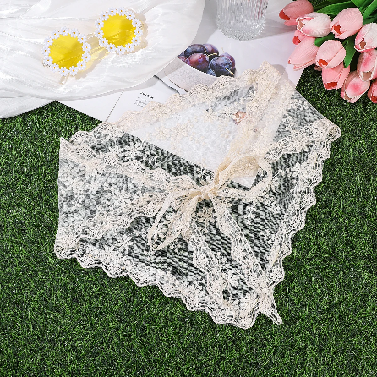 AWAYTR Korean Triangle Headband Short Skirt Butt Curtain Headscarf Lace Trim Small Apron Knitting Headband Stacked Women