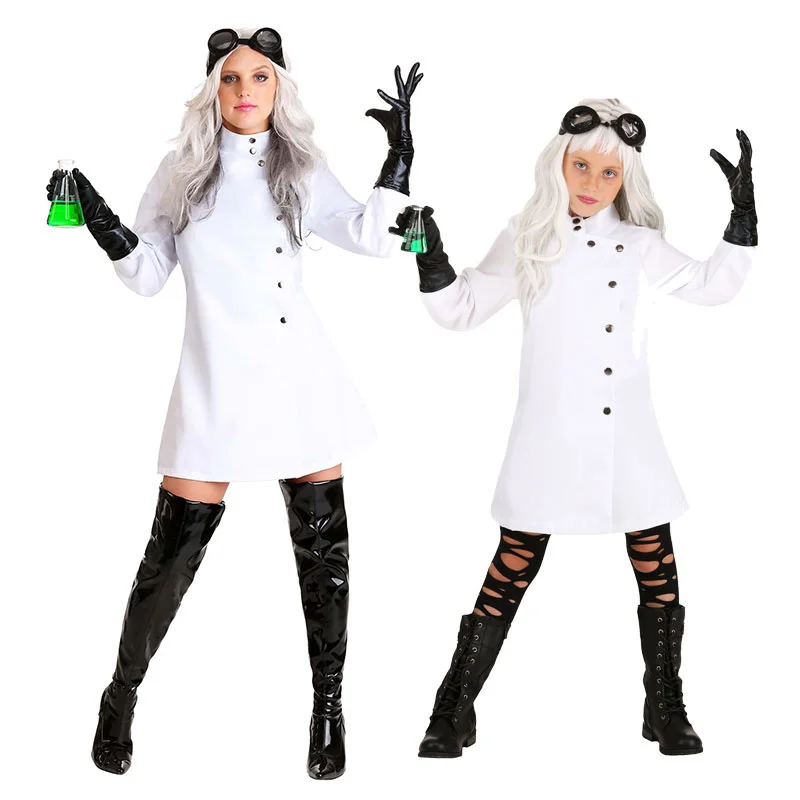 

New Women Girls Crazy Scientist Cosplay Costume White Doctor Nurse Uniform Outfits Halloween Purim Carnival Party Fancy Dress Up