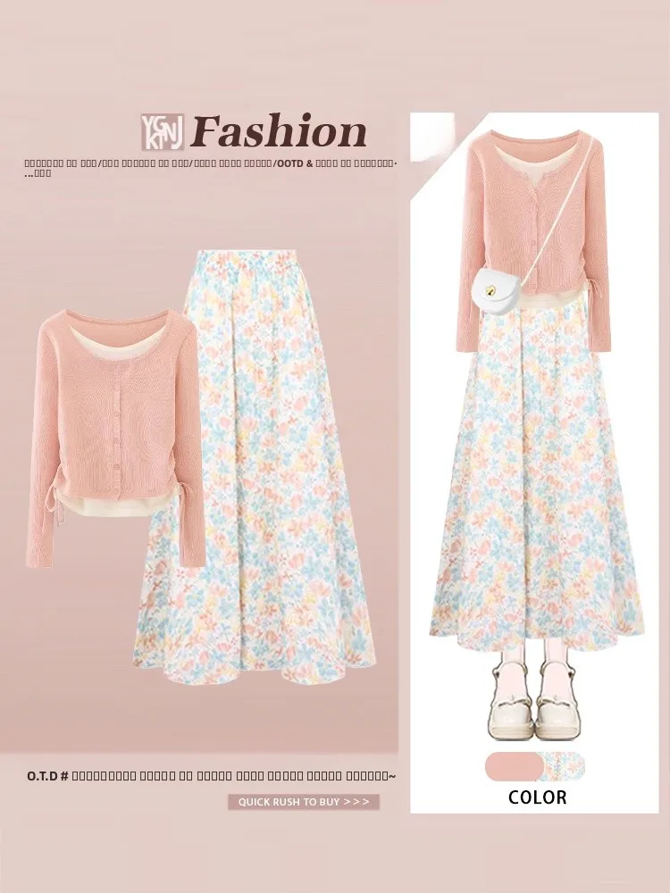 

Юбка с высокой талией и цветочным принтом, женская корейская розовая юбка с подкладкой, комплект из двух предметов, повседневная длинная футболка све, осенняя ...