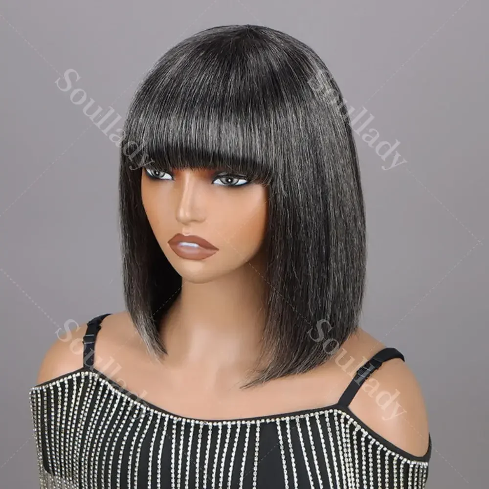 

Wig Secret Chic Medium Salt & Pepper Straight Bob Wig With Bangs Real Glueless Human Hair Wigs For Women