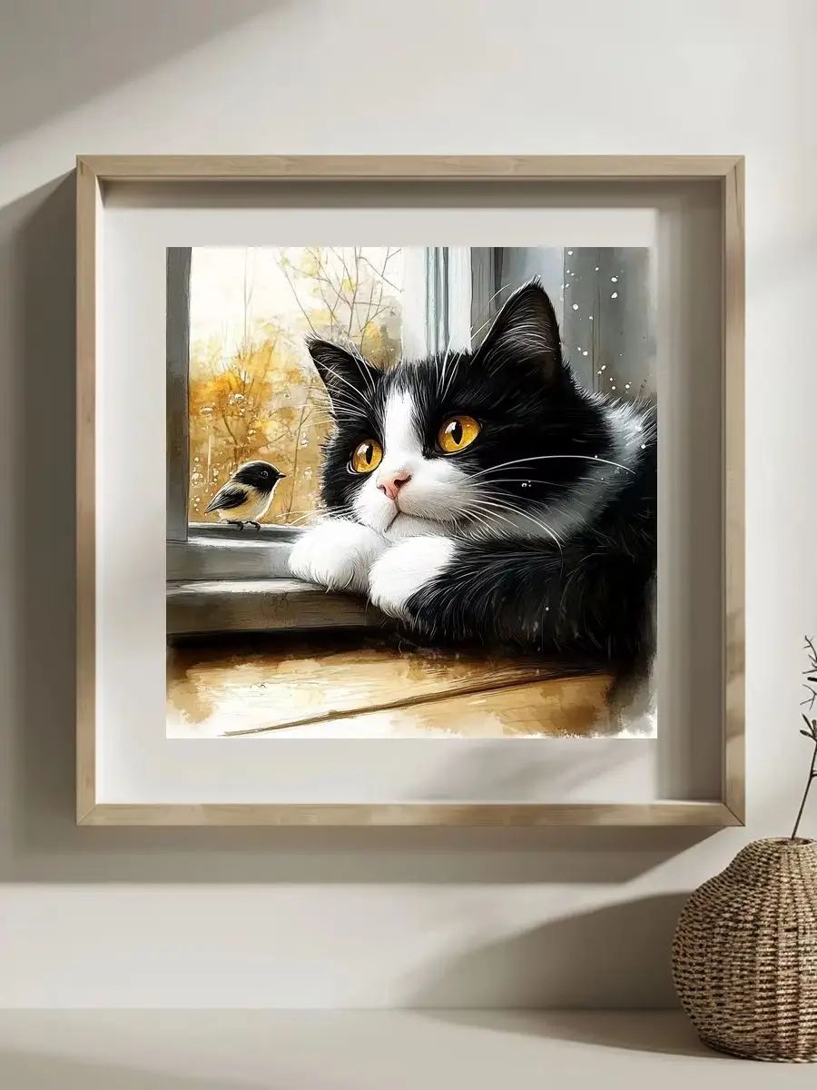 1 Stück 30x30 cm/11,8 Zoll, 11Ct/14Ct Kreuzstich-Set, DIY Valentinstagsgeschenk, Stickerei-Set für Festlichkeiten, Schwarz-weiße Katze auf dem Fensterbrett – Detail 1