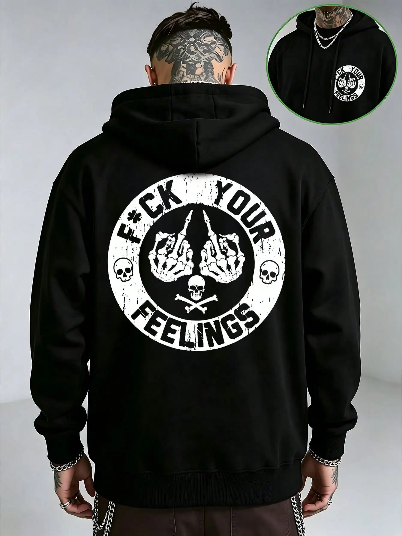 Men's 'Forget Your Feelings' Skull Pattern Hoodie, Loose-Fit Men's Pullover, Bold Statement Limited Edition Fashion Street Casual Angel