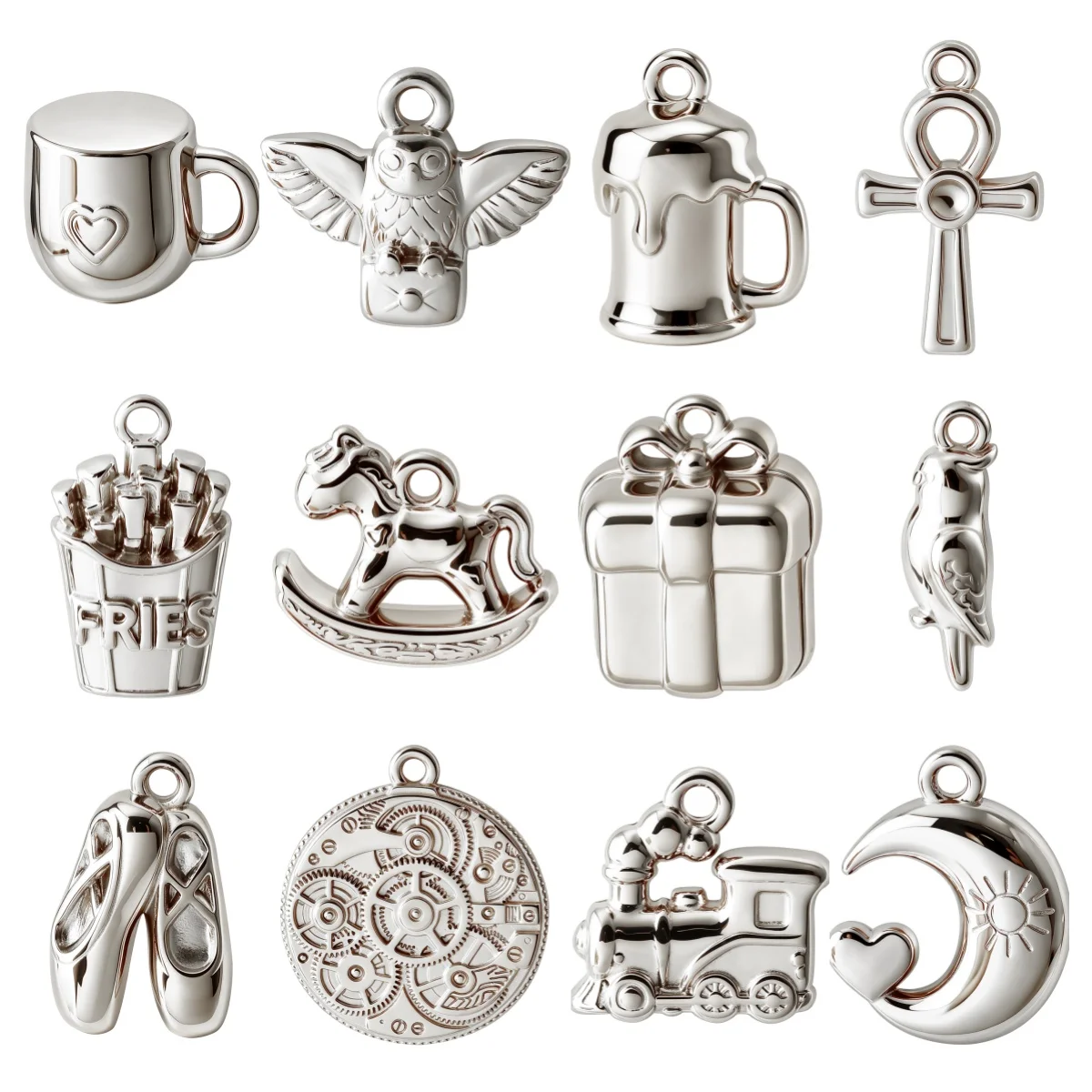 7Pcs Waterproof No Fading Silver Plated Cute Train Fries Moon Owl Rocking Horse Gift Box Pendant DIY Bracelet Necklace Jewelry