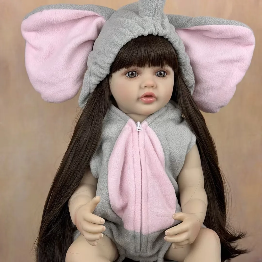 دمية بي زي دول 55 سم بجسم كامل من الفينيل، دمية أطفال معاد تصنيعها، لعبة تلبيس بشعر بني طويل، دمية أميرة صغيرة حلوة مصنوعة يدويًا، هدية عيد ميلاد